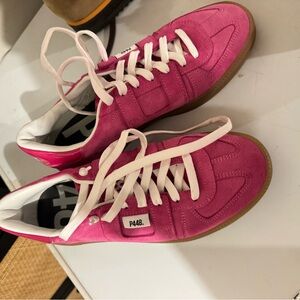 Pink Suede Sneakers with White Laces